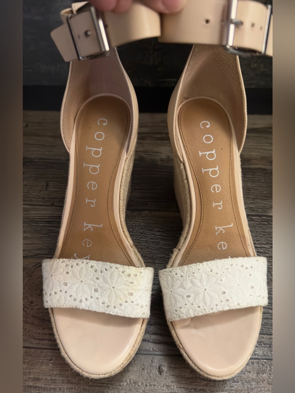 Copper Key Women's Size 8.5 M Ankle Strap Espadrille Wedge Leather Fabric